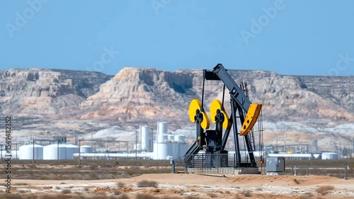 Oil extraction site in the middle of a barren desert, a lone pumpjack working beside storage tanks and pipelines under a cloudless blue sky