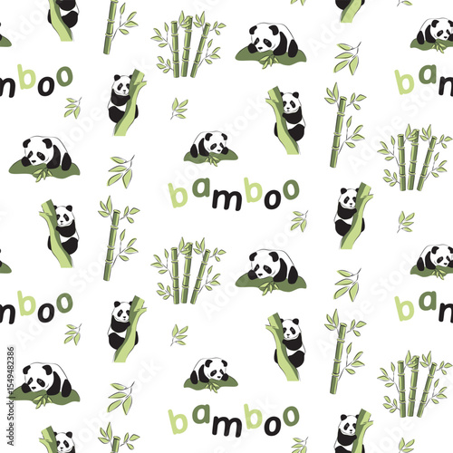 Vector seamless pattern of pandas and bamboo elements on white background, playful wildlife repeat design for fabric, kids decor, or packaging