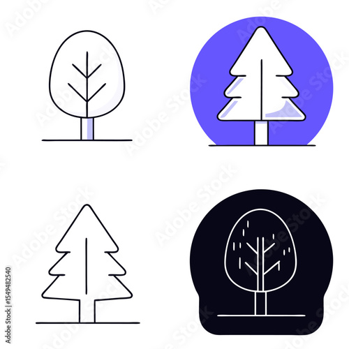Four Tree Icons Flat Eco Style, 3D Realistic Vector Graphics