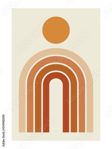 Semicircle Sun and Sprig - Abstract Boho Wall Art Vector, Retro home decor illustration, minimalist Wall art
