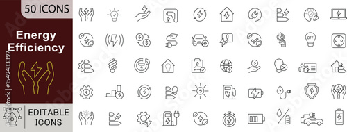Energy Efficiency Line Icons Set: Renewable Power, Smart Home & Sustainable Solutions. Editable Stroke 