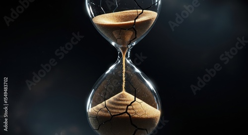 Cracked hourglass showcasing the passage of time against a dark backdrop