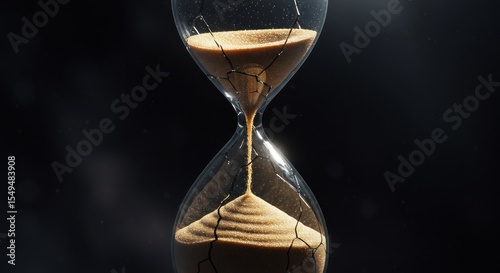 Cracked hourglass with flowing sand, symbolizing time's passage and fragility