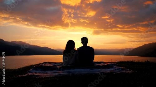 Wide shot of a romantic couple silhouette sitting on a hill watching a golden sunset over a mountain lake