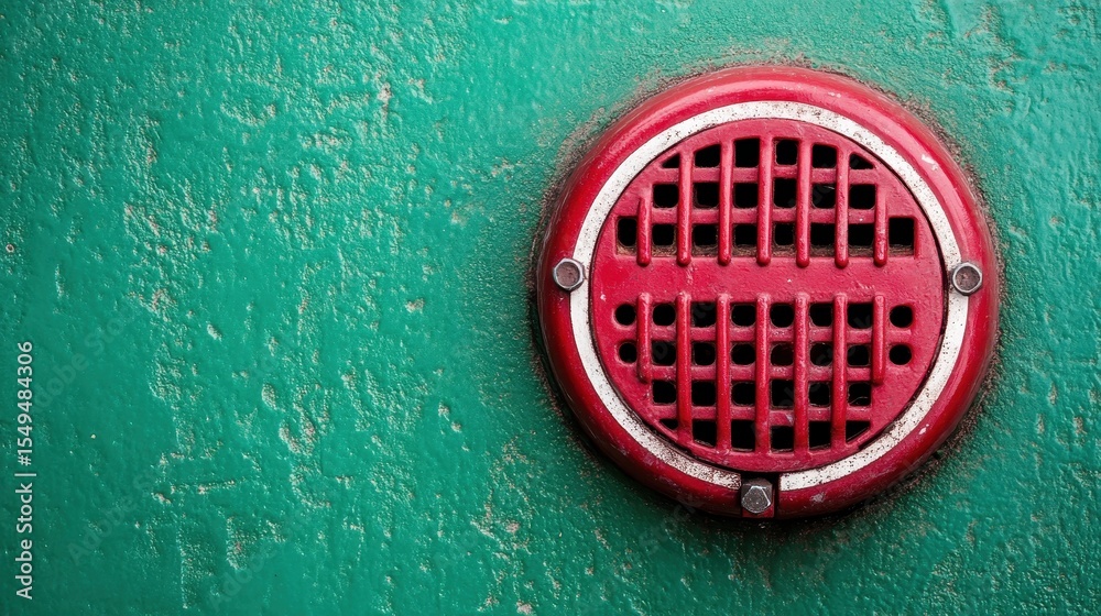 custom made wallpaper toronto digitalA close-up view of a red vent cover set against a textured green wall, showcasing a bold color contrast that emphasizes industrial design and modern aesthetics.
