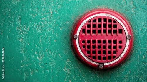 Wallpaper Mural A close-up view of a red vent cover set against a textured green wall, showcasing a bold color contrast that emphasizes industrial design and modern aesthetics. Torontodigital.ca