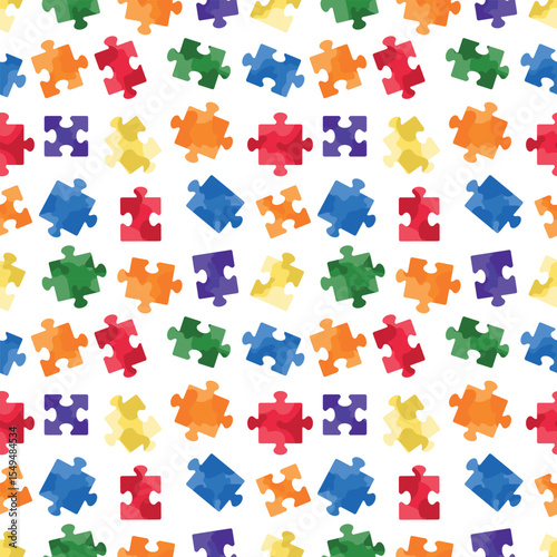 Seamless pattern with jigsaw puzzles in blue, yellow, green and red colors on white background. Hand drawn vector illustration in flat. Autism spectrum disorder concept, children, business strategy