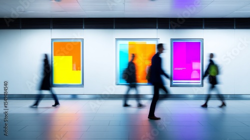 Vibrant urban transit scene with three large posters in orange, blue, and pink on a white wall, sleek borders, bustling blurred figures, light tiled floor, modern ceiling design, dynamic atmosphere.