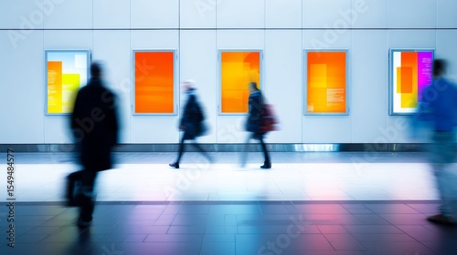 Modern minimalist indoor space with vibrant geometric artworks, motion-blurred figures walking briskly, colorful reflections on tiled floor, bright bold hues.