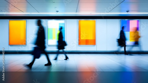 Vibrant urban transit space with bold abstract art pieces on white wall, blurred figures walking briskly, tiled floor, modern ceiling design, 