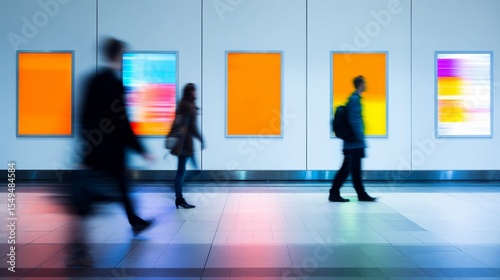 Modern minimalist corridor with vibrant rectangular displays, soft reflections, motion blur, tiled floor, and dynamic atmosphere featuring orange, blue, pink, and white hues.