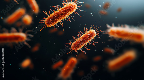 Microscopic View of Bacteria: Rod-Shaped Organisms with Flagella