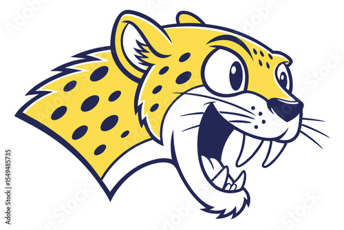 Yellow leopard cartoon mascot head shows happy expression with open mouth and big teeth