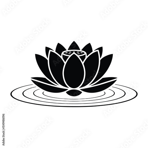 Elegant black and white lotus flower with ripples symbolizing peace and tranquility