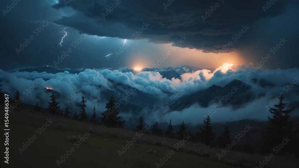 Lightning Storm Over Snow-Covered Mountains at Dusk