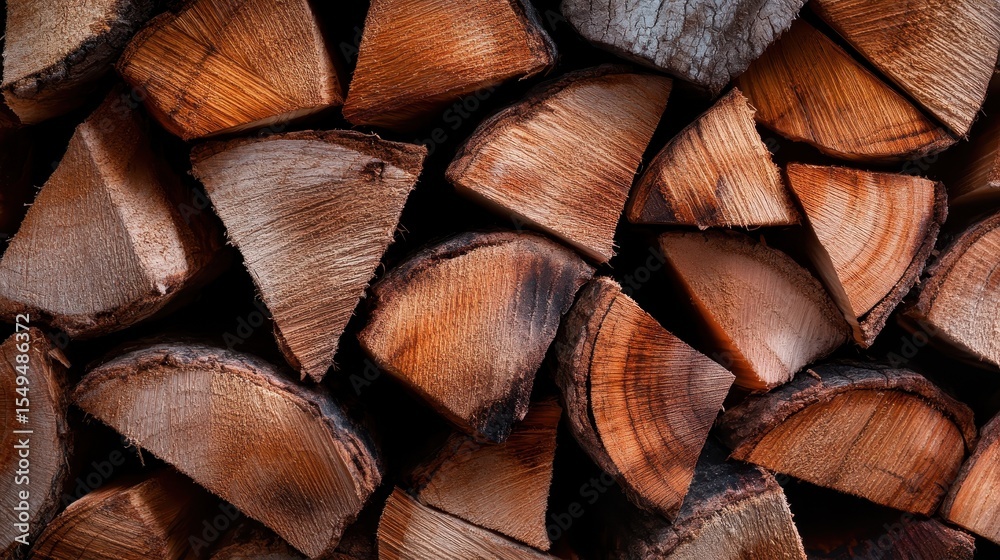 Fototapeta premium A harmonious arrangement of cut firewood stacked neatly, emphasizing the natural beauty of wood grain and the practicality of a rustic home setting, ideal for cozy imagery.