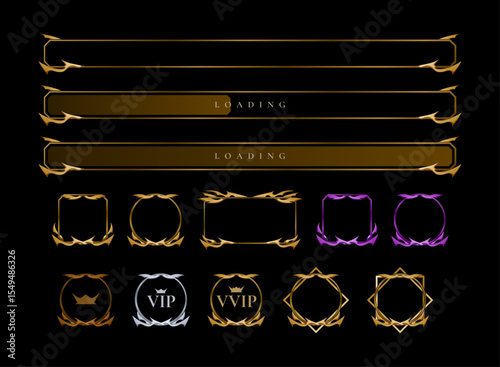 fantasy medieval ancient trading card game template with gold, blue, purple, red color variations. with a fantasy rpg symbol kit