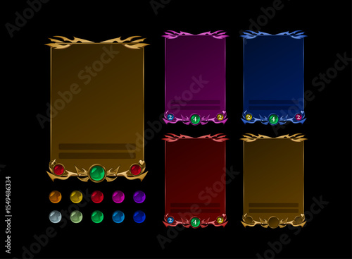 set of fantasy ancient medieval trading card game with gold and various color options