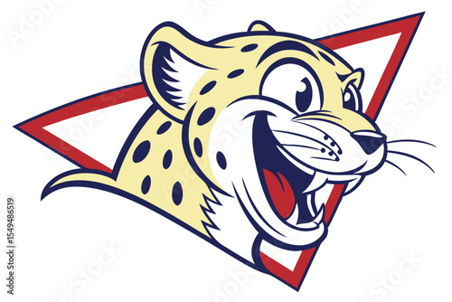 Joyful cartoon jaguar head with big grin is framed by red triangle shape