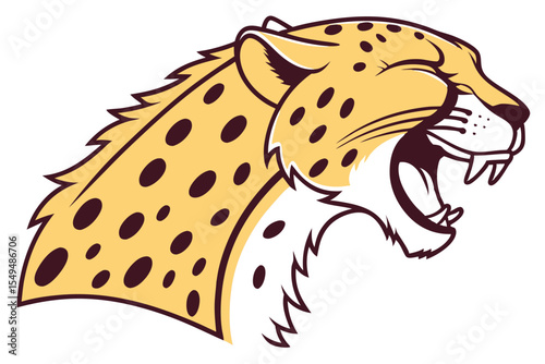 Fierce spotted jaguar head shows powerful teeth in a simple color scheme on white