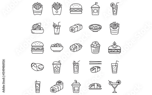 Food and Drink Outline Icon Set – Editable Stroke Vector Icons for Restaurant, Menu, Fast Food & More