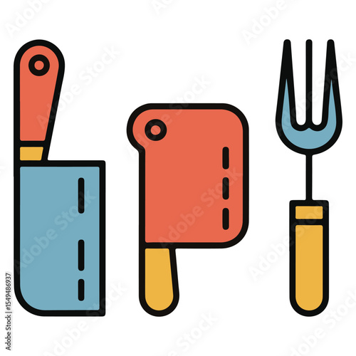 Colorful Vector of Kitchen Knives and Forks Hand-Drawn Cooking Utensils Set