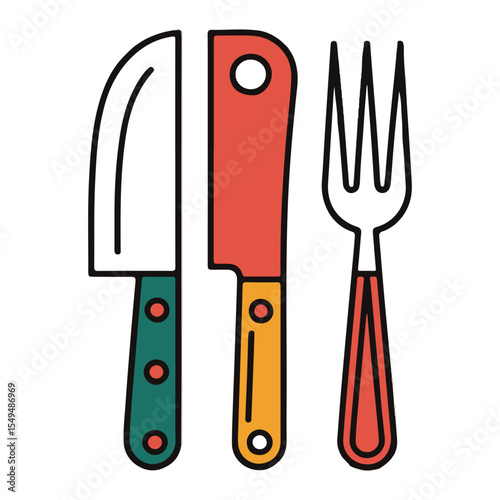 Colorful Vector of Kitchen Knife, Cleaver, and Meat Fork Cooking Utensils Illustration