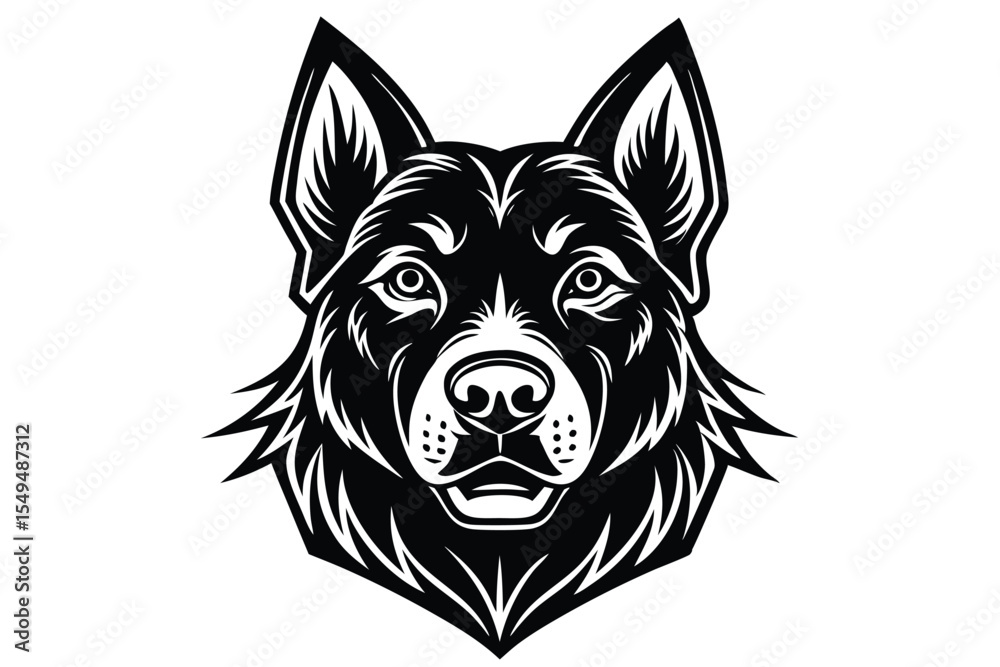 Naklejka premium Majestic black wolf head gazes forward with alert, piercing eyes on a white background