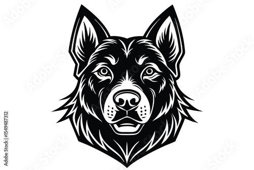 Majestic black wolf head gazes forward with alert, piercing eyes on a white background