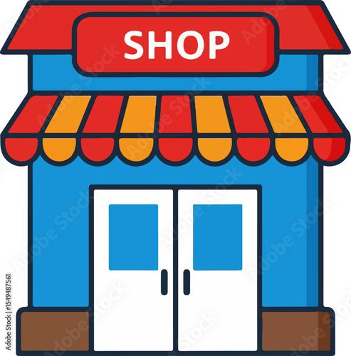 Flat Icon-Style Illustration of a Blue and Brown Shop with Red Roof, Striped Awning, and Prominent Red "SHOP" Sign on White Background