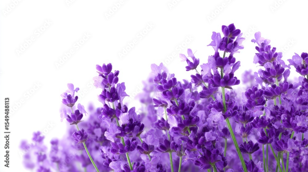 Naklejka premium Vibrant lavender flowers in full bloom create a stunning visual display. Soft purple hues contrast beautifully against a clean white background. Perfect for nature lovers. AI