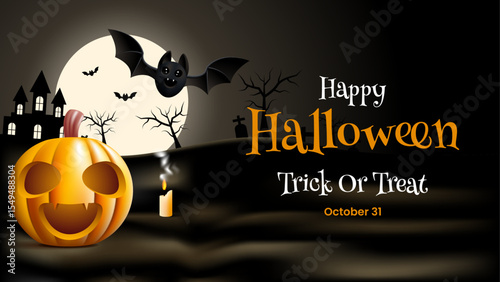 Halloween background with jackolantern, bats, and castle