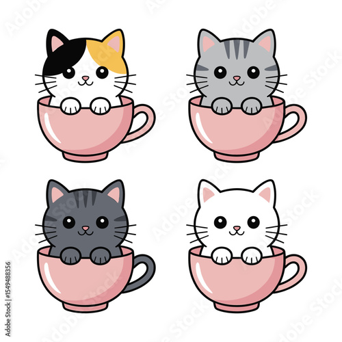 Adorable Kittens in Teacups Cute Cat Illustrations, Kawaii Pet Art