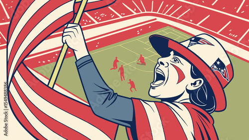 Patriotic Fan at Stadium: A stylized illustration of a fervent female fan passionately waving an American flag at a lively stadium, showcasing spirited team support and national pride.