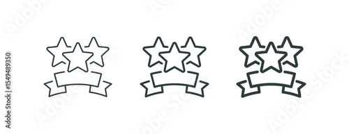 Premium three stars, high rank, excellence award outline icons. Line signs 3 five-pointed stars with ribbon. Vector isolated pictograms for web and app on white background editable stroke.