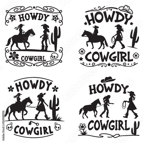 Western vector graphic set featuring cowgirls, horses, cacti, skulls, hats, boots, and "Howdy" & "Cowgirl" typography. 
Perfect for stickers, t-shirt designs vector silhouette
