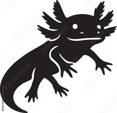 Axolotl amphibian black silhouette design, Cute creature in clean cartoon outline