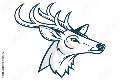 Intricate black and white stag portrait features striking antlers and bold line work