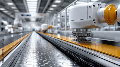 Precision in Motion: A futuristic, highly automated factory floor, showcasing robotic arms working in perfect synchronization. A compelling vision of industry innovation and advanced technology.