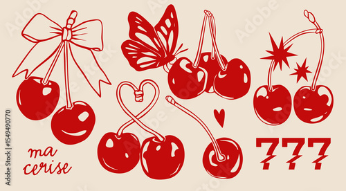 Red Cherry set. Cherries on stem, with bow ribbon, butterfly. Double, triple cherries. Symbol of luck. Hand drawn trendy Vector illustration. Isolated design elements. Icon, print, sticker templates