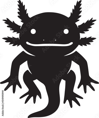 Black axolotl silhouette cute vector drawing, Simplified axolotl artwork for fun designs