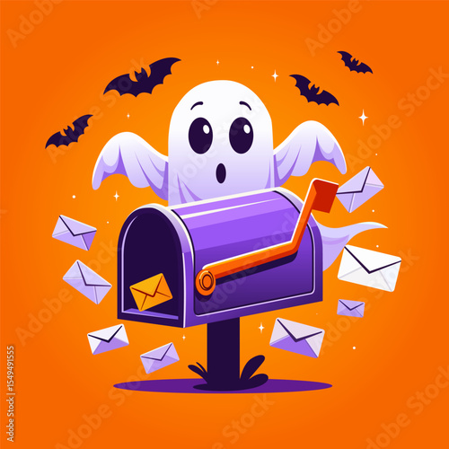 Cartoon ghost. Funny spirit. Holidays cute ghost cartoon character vector illustration. Friendly ghost. Spooky phantom flying. Happy Halloween greeting card with a ghost. Ghost envelope character