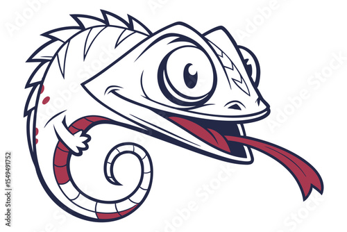 Playful cartoon chameleon smiles and reaches out its tongue, isolated on a white background