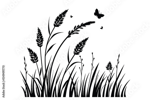 Grass Silhouette Vector – Black Flat Seamless Grass Blades Illustration