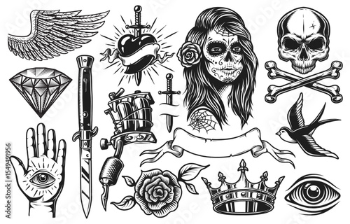 Tattoo Design Collection – Artistic Ink Illustrations with Symbolic and Decorative Elements in Vector Format

