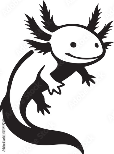 Black and white cartoon axolotl artwork, Adorable smiling axolotl line design