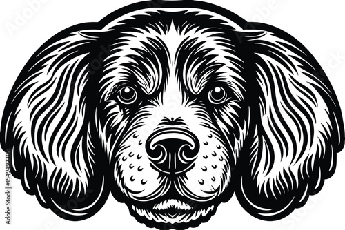 Monochrome illustration of a distinguished dog's face with intricate details creating a captivating emblem