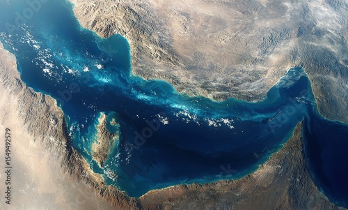 Wallpaper of the Strait of Hormuz. Narrow sea passage. Satellite-style view.Strategic point, trade, oil, Middle East.