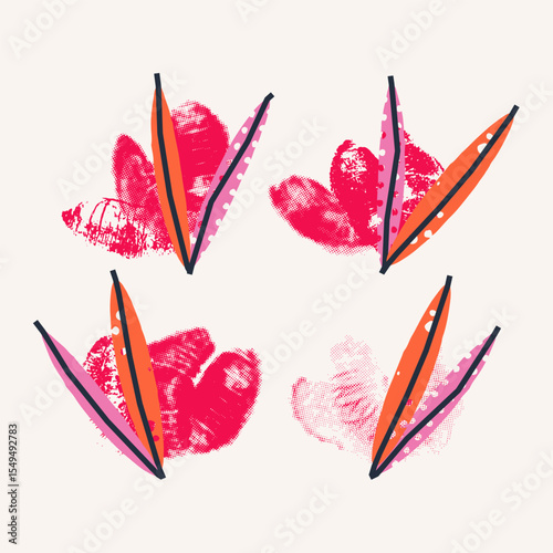 Set of different flowers. Vector illustration, print, design elements. Vintage halftone, mixed media, pixel art
