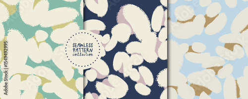 Set of seamless patterns with abstract cotton white flowers in vector. Backgrounds, prints, design elements
